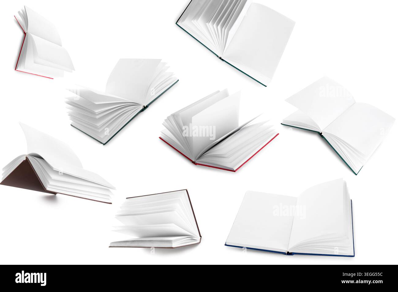 Many flying books on white background Stock Photo