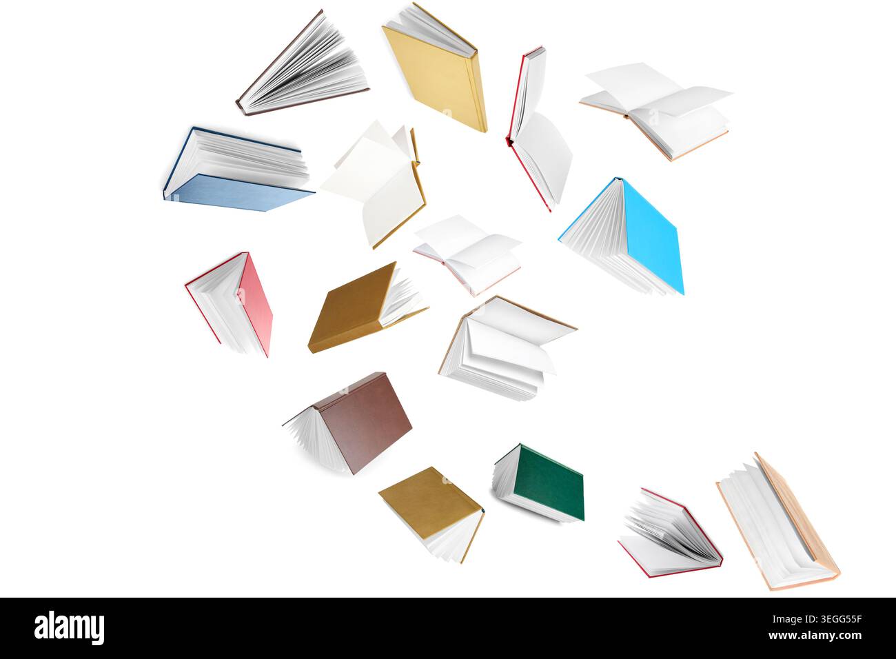 Many flying books on white background Stock Photo