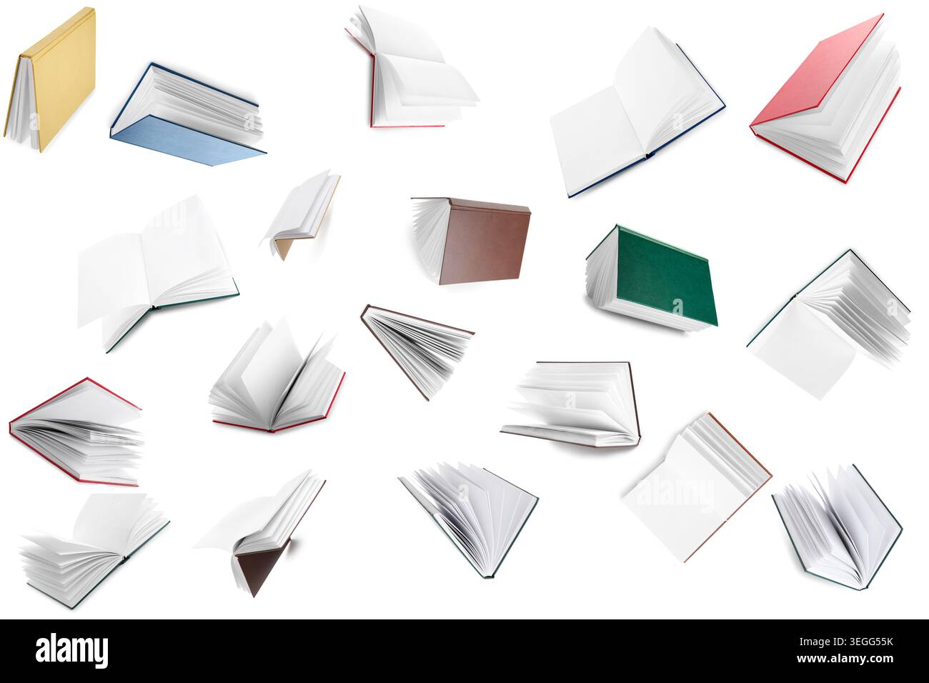 Many flying books on white background Stock Photo