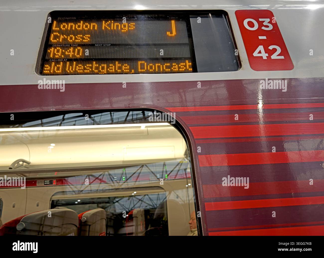 Publicly owned Hitachi Azuma LNER intercity train at Leeds with digital destination display for London King’s Cross via Wakefield and Doncaster. Stock Photo