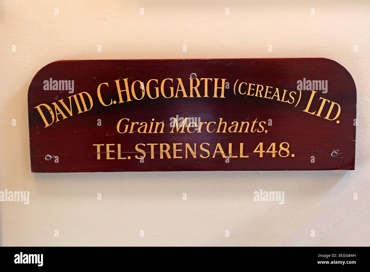 Historic grain merchant name boards for David C. Hoggarth Cereals Ltd, Strensall inside Leeds Corn Exchange, Leeds, England, UK. Stock Photo