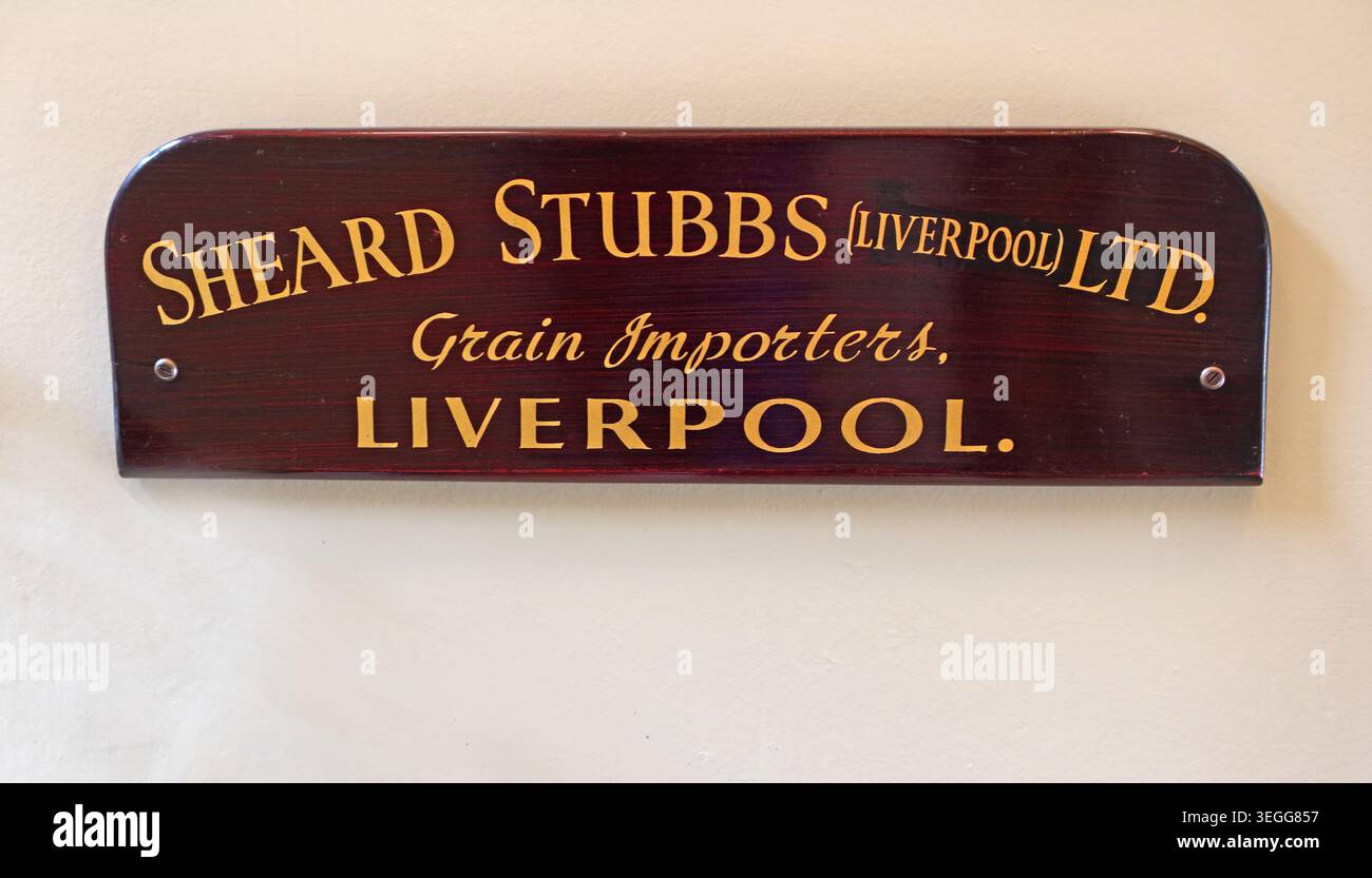 Sheard Stubbs Liverpool Ltd grain importer name board inside Leeds Corn Exchange, preserving Victorian trading history. Stock Photo