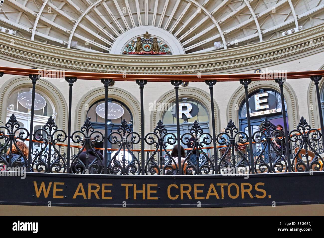 “We Are The Creators” message inside the ornate Victorian Leeds Corn Exchange, Leeds, West Yorkshire, England, UK Stock Photo