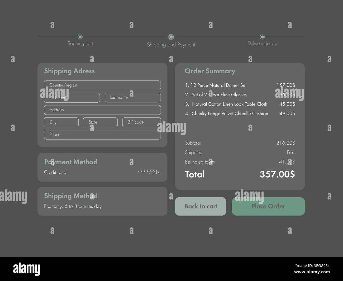 Vector illustration of dark mode ecommerce checkout interface for ...