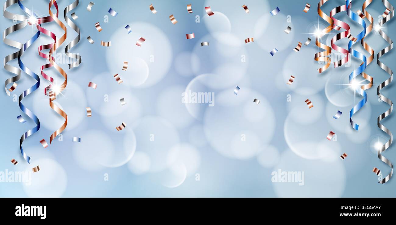 Sparkling ribbons in blue, orange, and silver float amidst confetti on a light blue background with white bokeh lights. Stock Vector