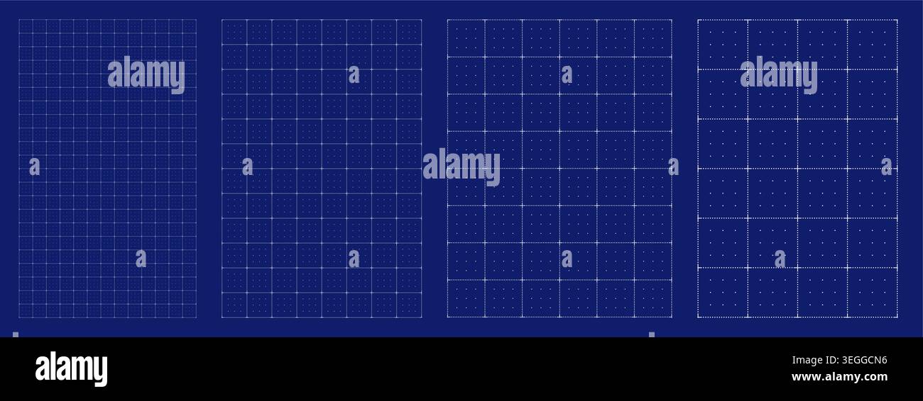 Blueprint grid set dot axis cross geometry, four scale variations. Wide medium dense micro spacing comparison, engineering layouts dashboards notebook pages interface systems technology graphics. Stock Vector