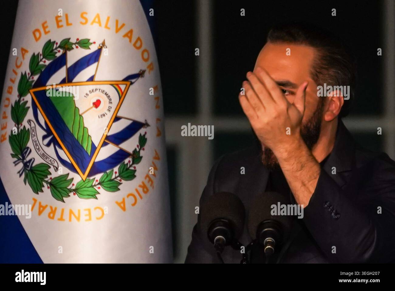 El Salvador's President Nayib Bukele gestures during a speech while ...