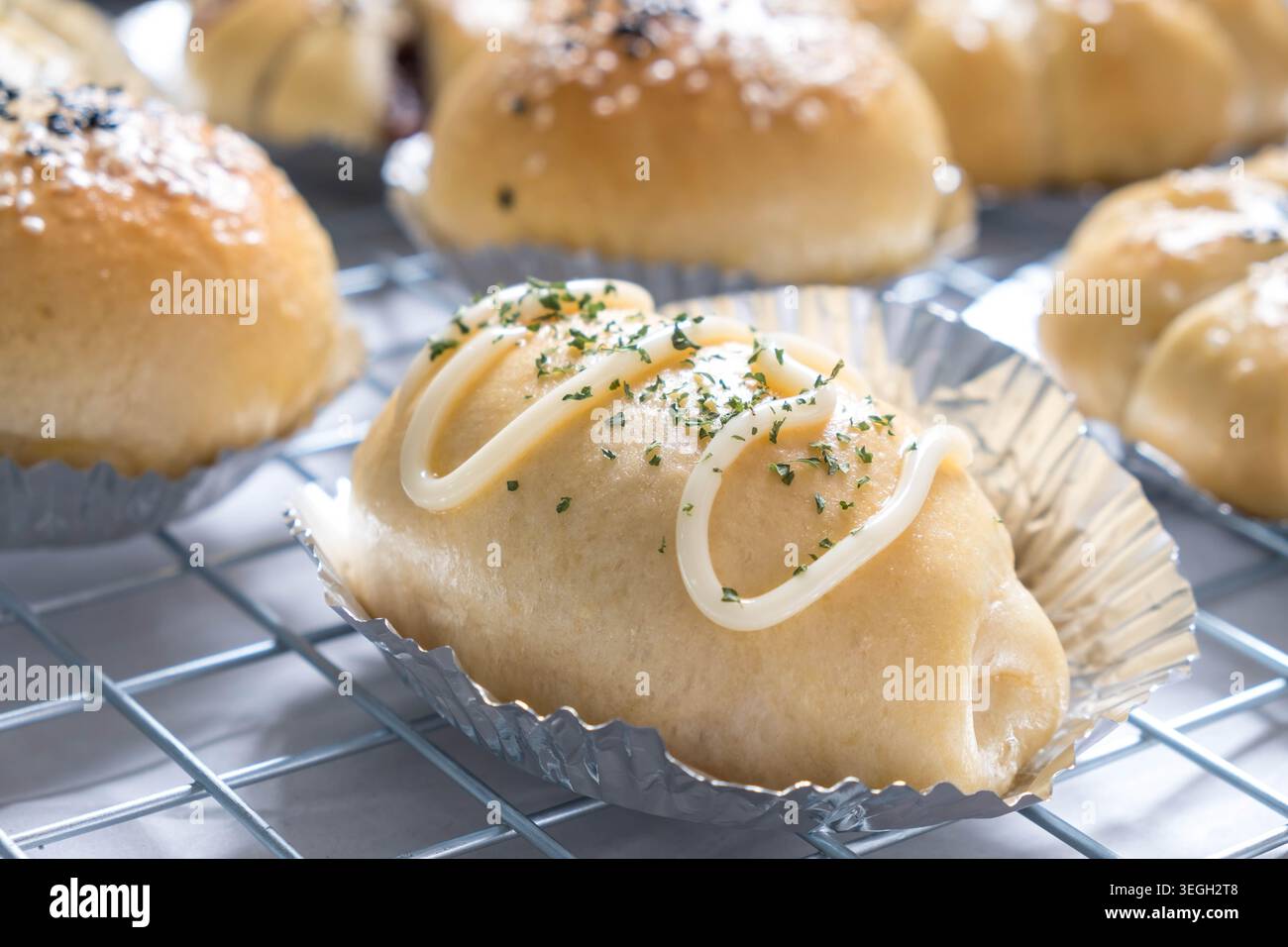 Homemade Ham and Cheese Filled Bun with Mayonnaise and Oregano Topping ...