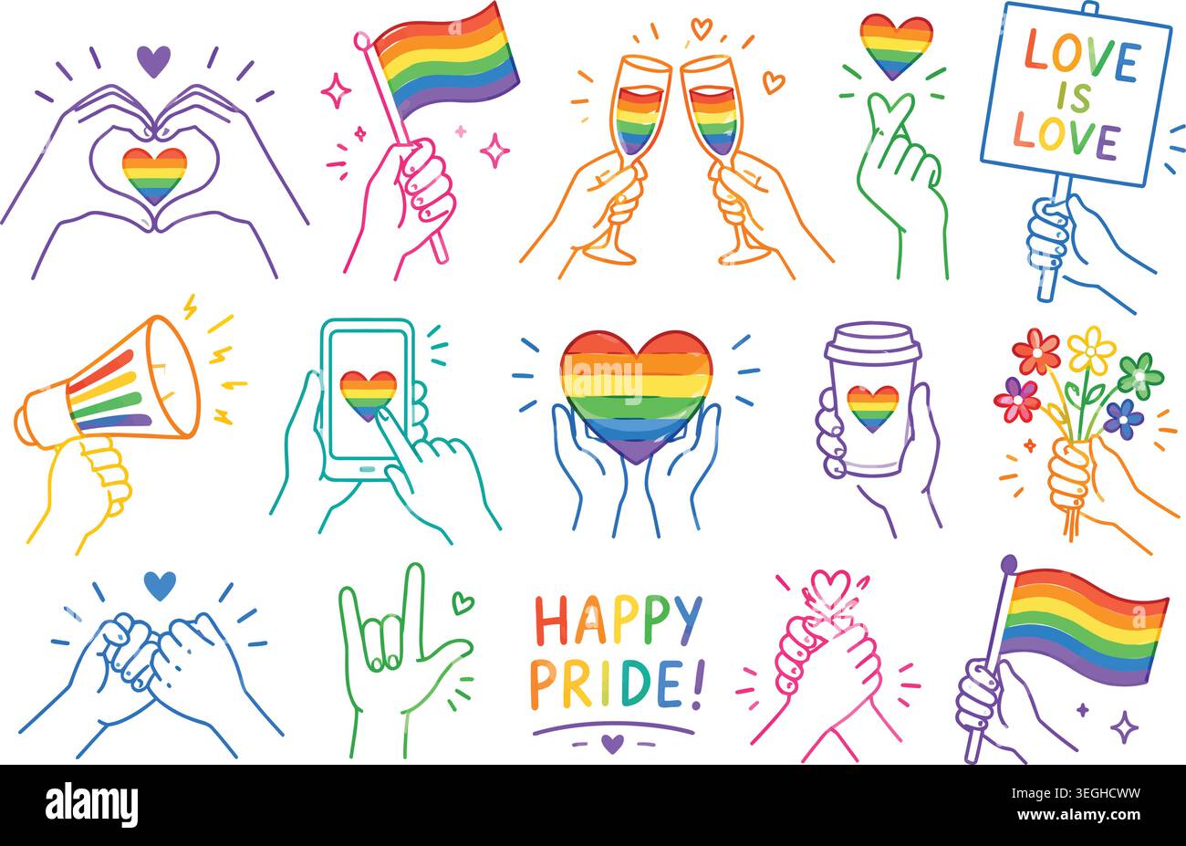 Happy Pride Month Hand-Drawn LGBTQ Doodle Elements Set Stock Vector