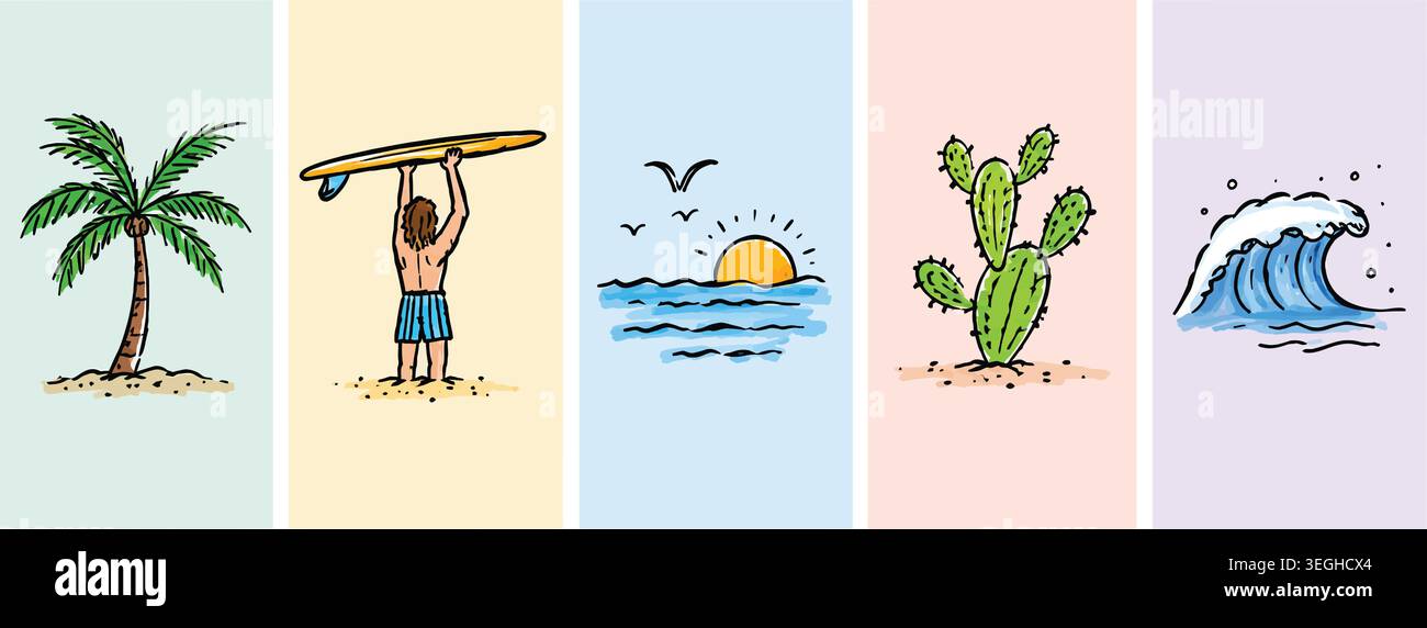 Hand-Drawn Summer Surfing and Tropical Beach Doodle Elements Set Stock Vector