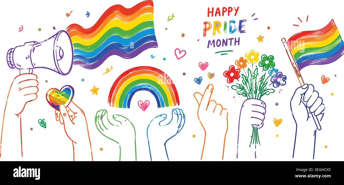 Happy Pride Month Hand-Drawn Doodle Elements and Hands Banner Stock Vector