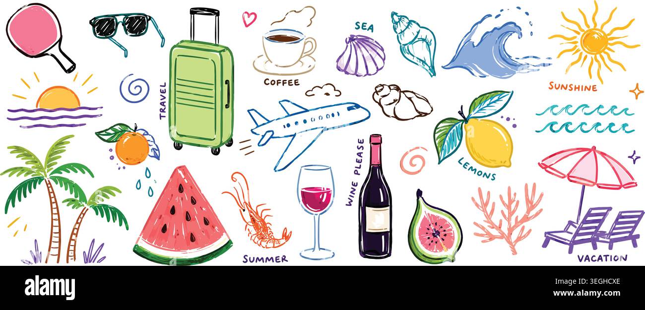 Hand-Drawn Summer Vacation and Travel Doodle Elements Set Stock Vector
