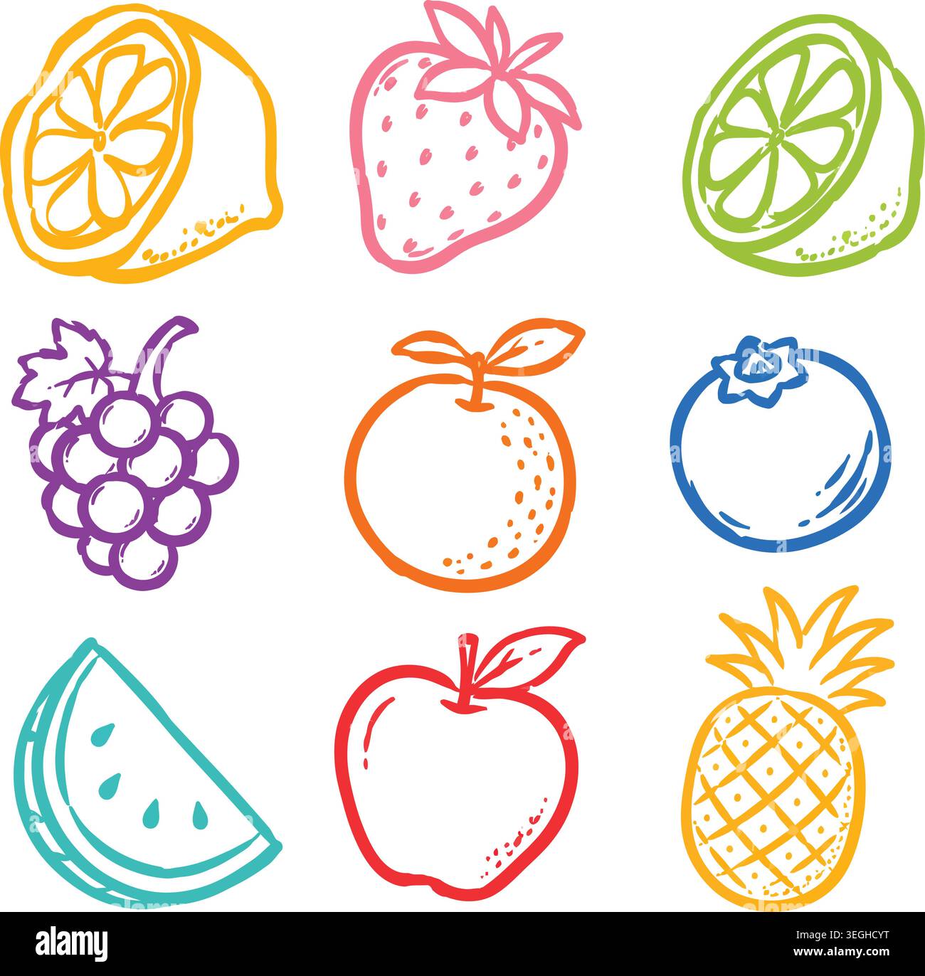 Colorful Hand-Drawn Fruit Doodles Vector Set Stock Vector