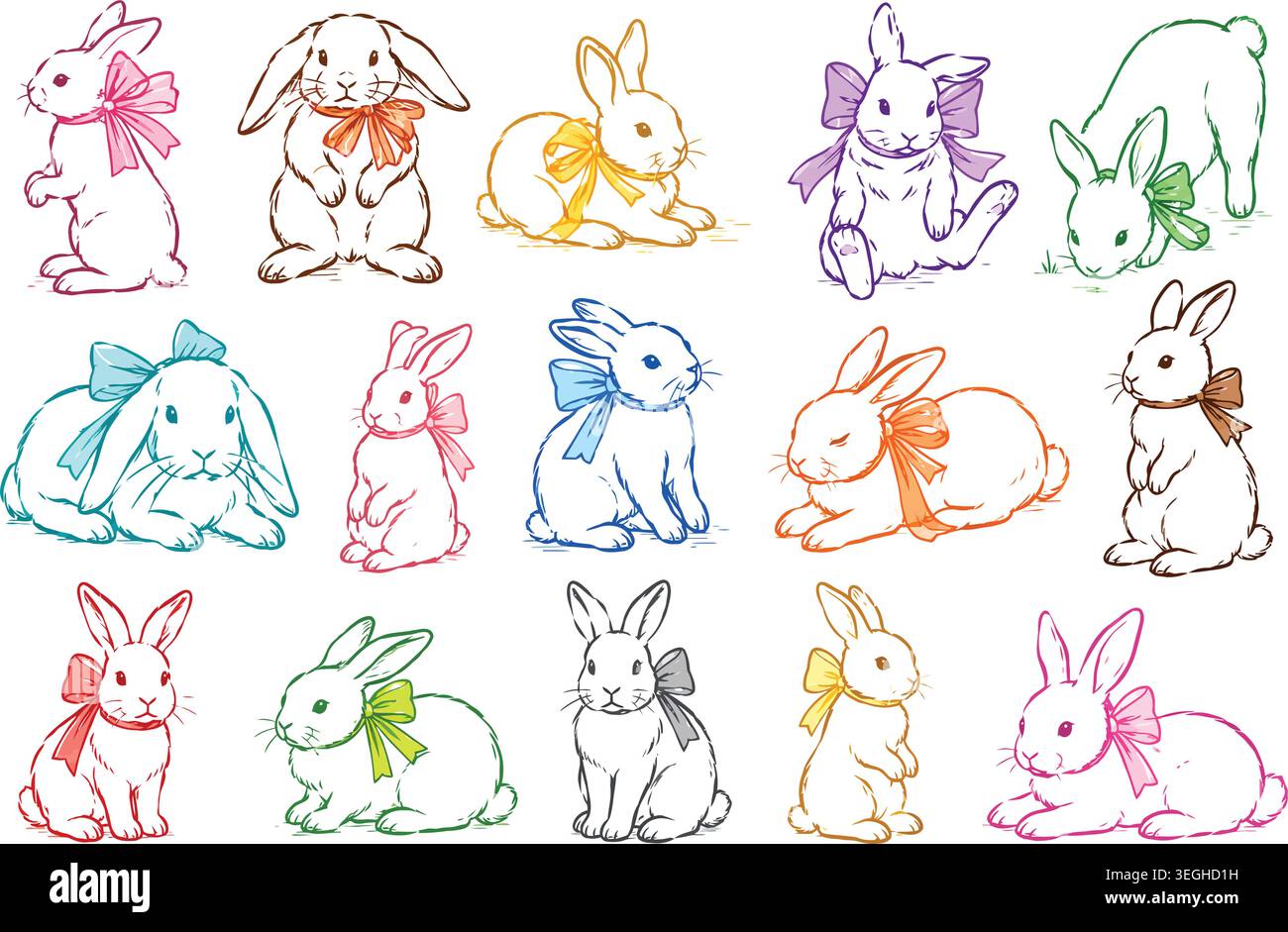 Hand-Drawn Easter Bunny Illustrations Set with Colorful Bows Stock Vector