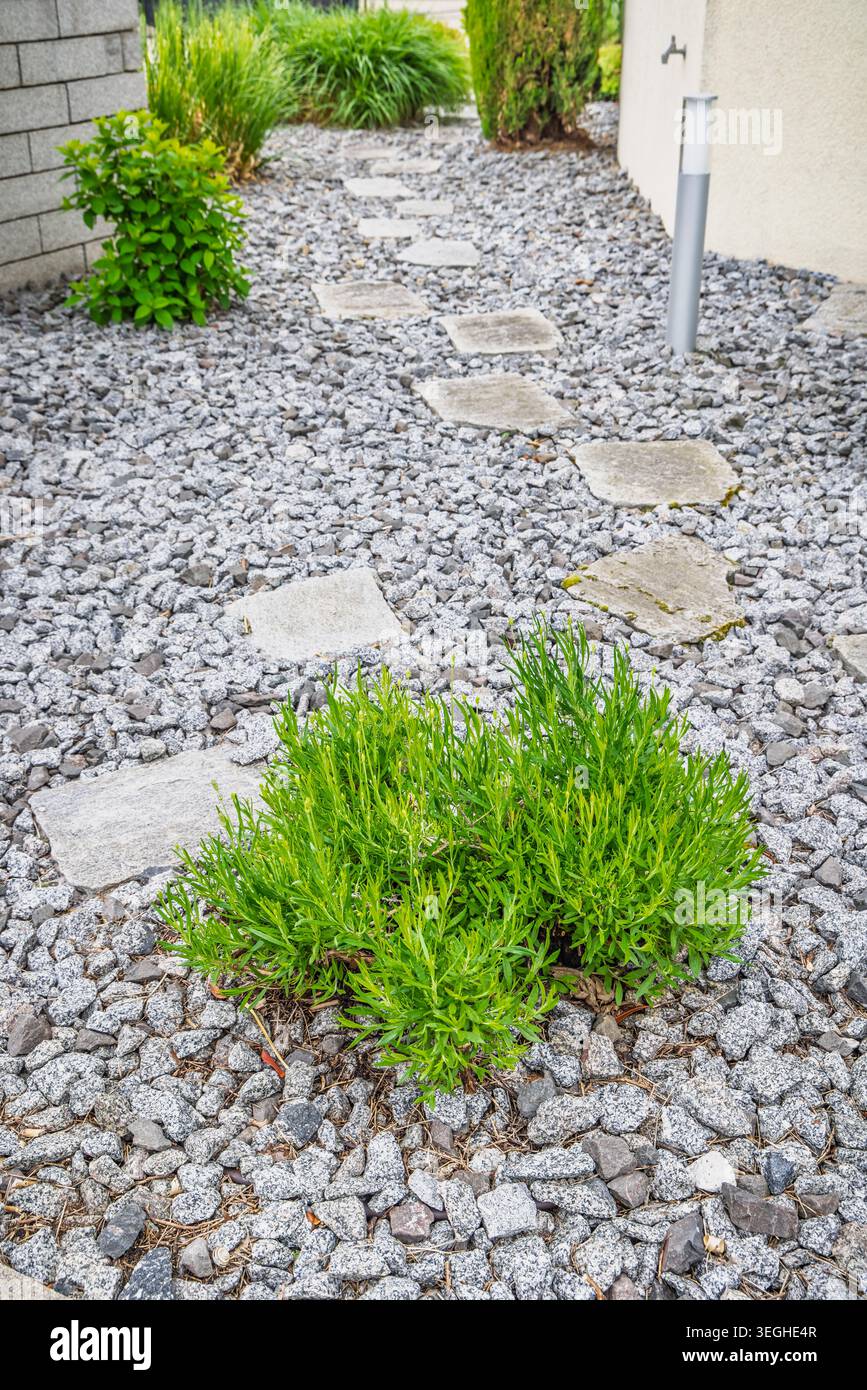 Gravel path and rocks in landscaped garden Stock Photo