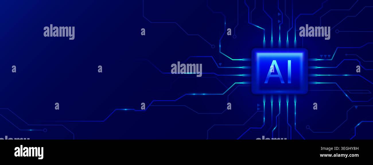 AI chip board with neon glowing circuit pattern and tech element, abstract vector background. Poster design with digital processor with blue semiconductor architecture and intelligent computing power. Stock Vector