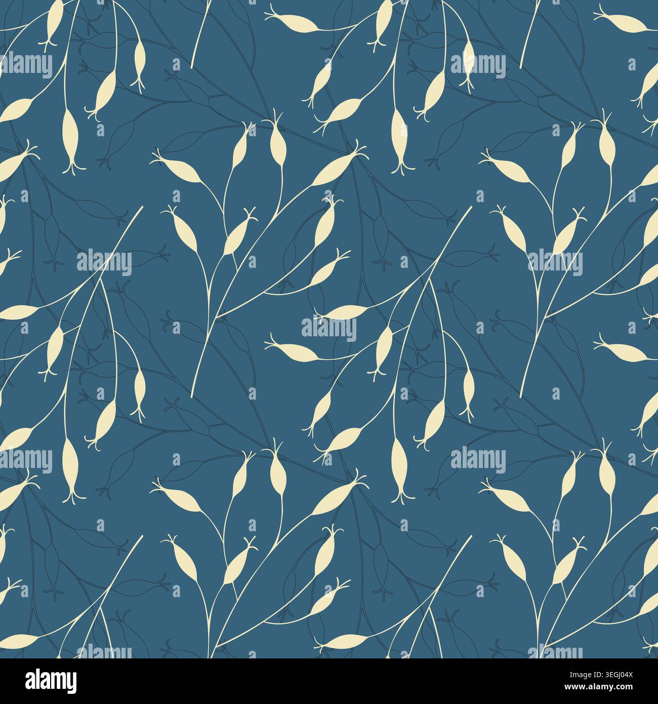 Midnight meadow melody pattern showcasing delicate cream seed pods and thin linear branches on a deep twilight blue background, an elegant botanical b Stock Vector