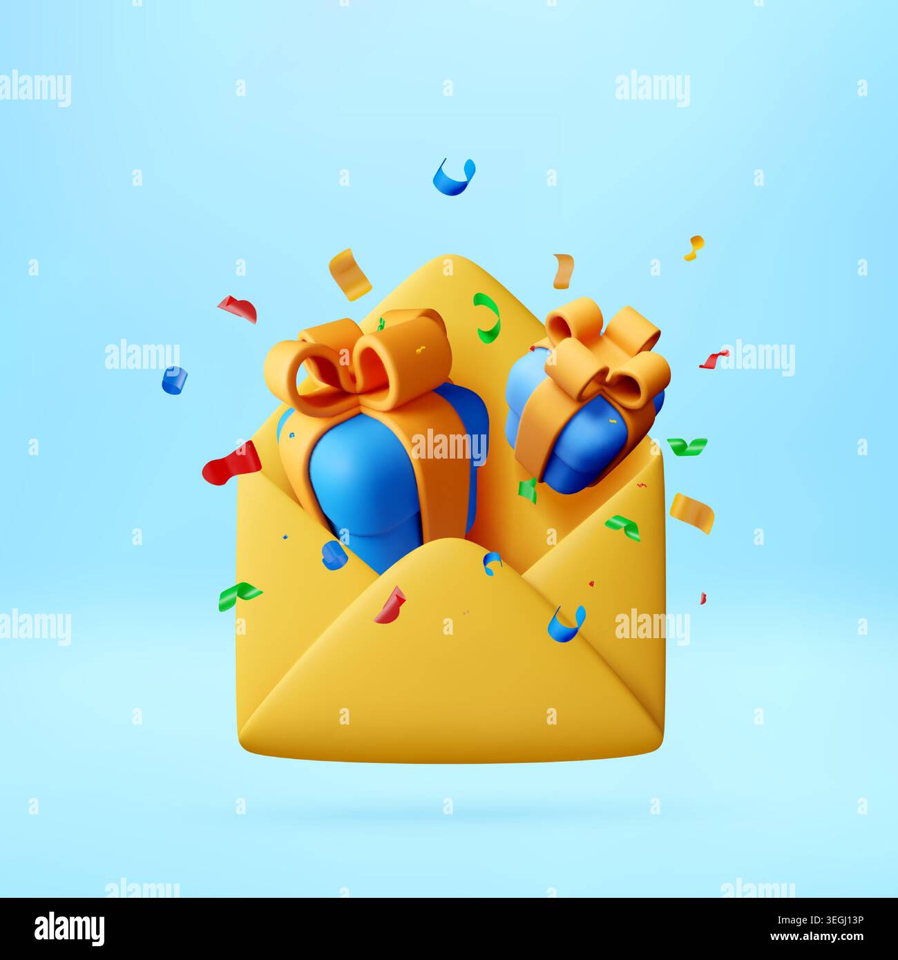 3D envelope with gift boxes and confetti flying Stock Vector