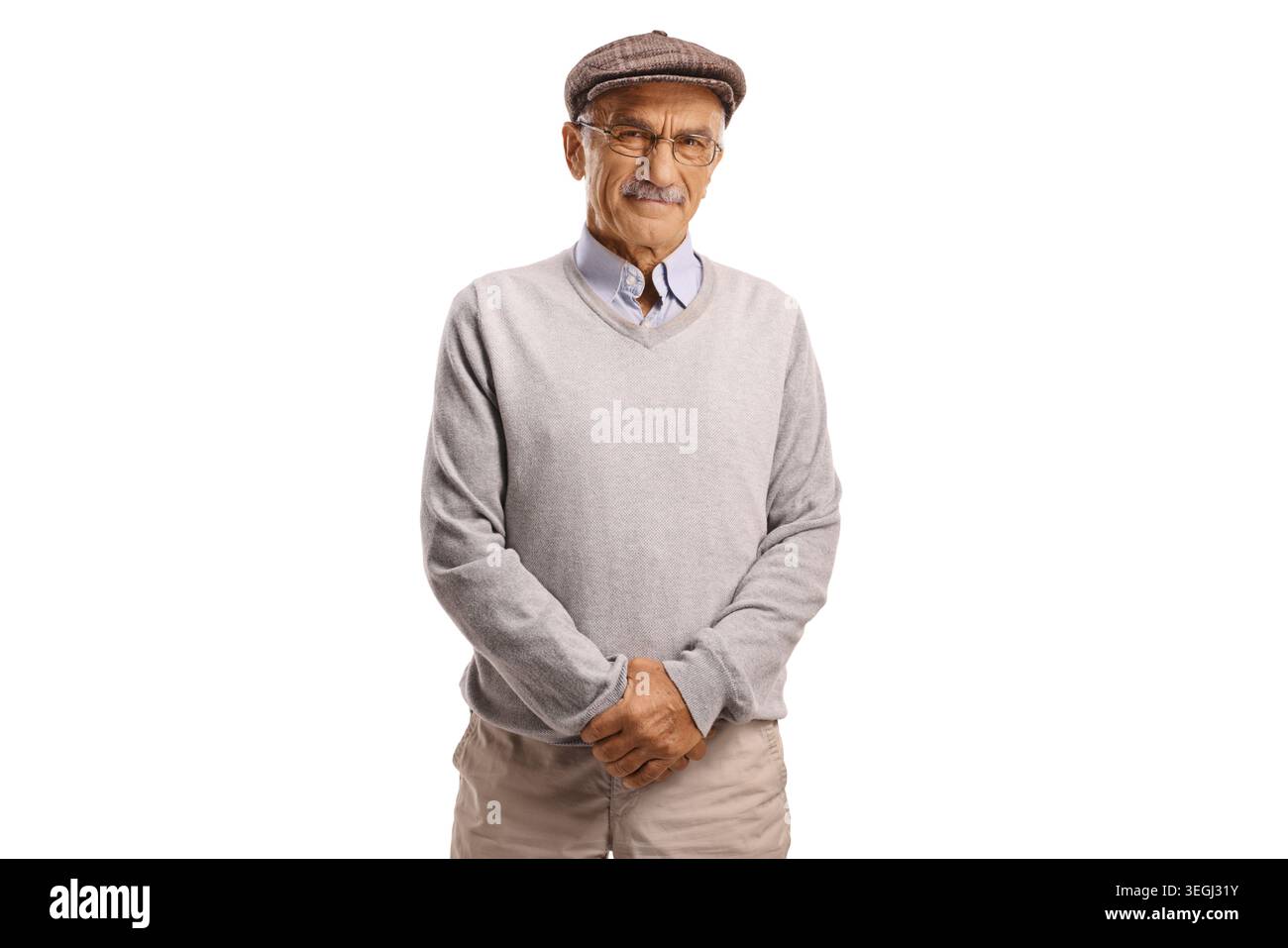 Disappointed senior man with a grumpy expression isolated on white background Stock Photo