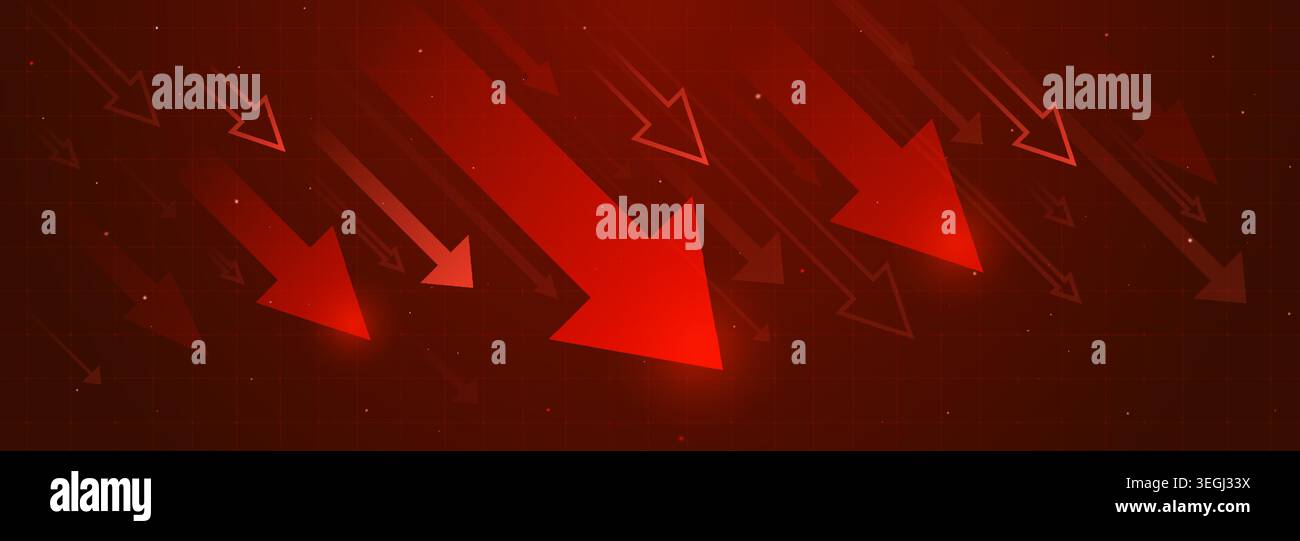 Red neon arrows moving down, financial loss abstract vector background. Modern downward graphic, negative market trend, stock recession metrics, and business decrease concept Stock Vector