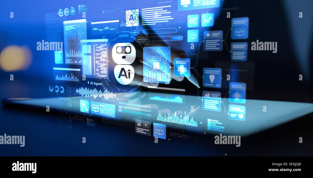 AI artificial intelligence system for business automation and data analysis with interactive digital interface Stock Photo