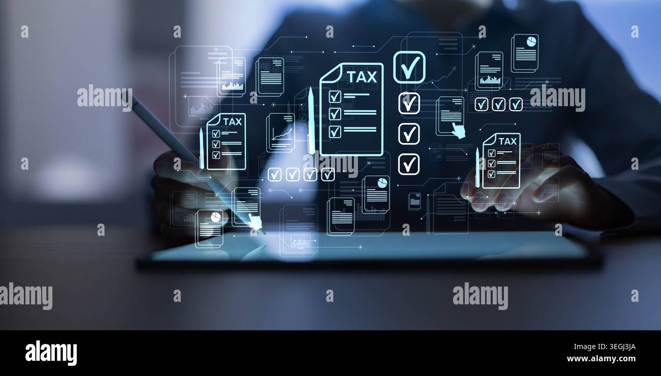 Digital tax document workflow interface with checklists displayed on a tablet showcasing interaction and data management Stock Photo
