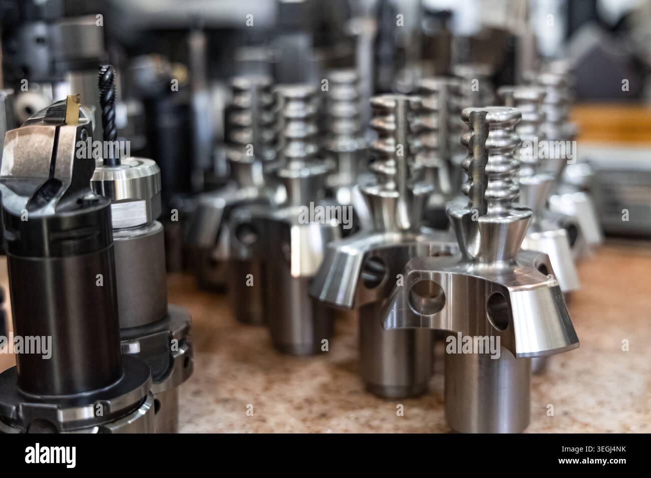 Precision CNC Metalworking Tools in Industrial Workshop Stock Photo