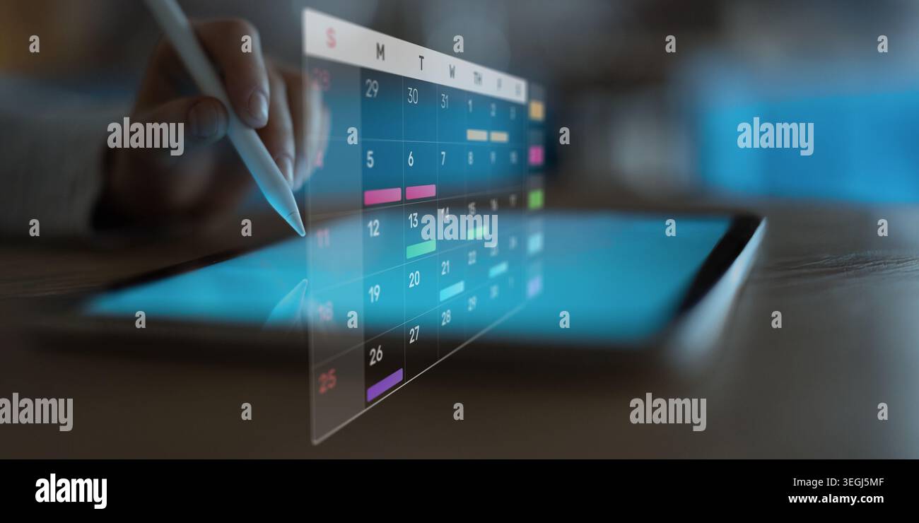 Project Management and Schedule Planning Displayed on a Digital Calendar Interface. Stock Photo