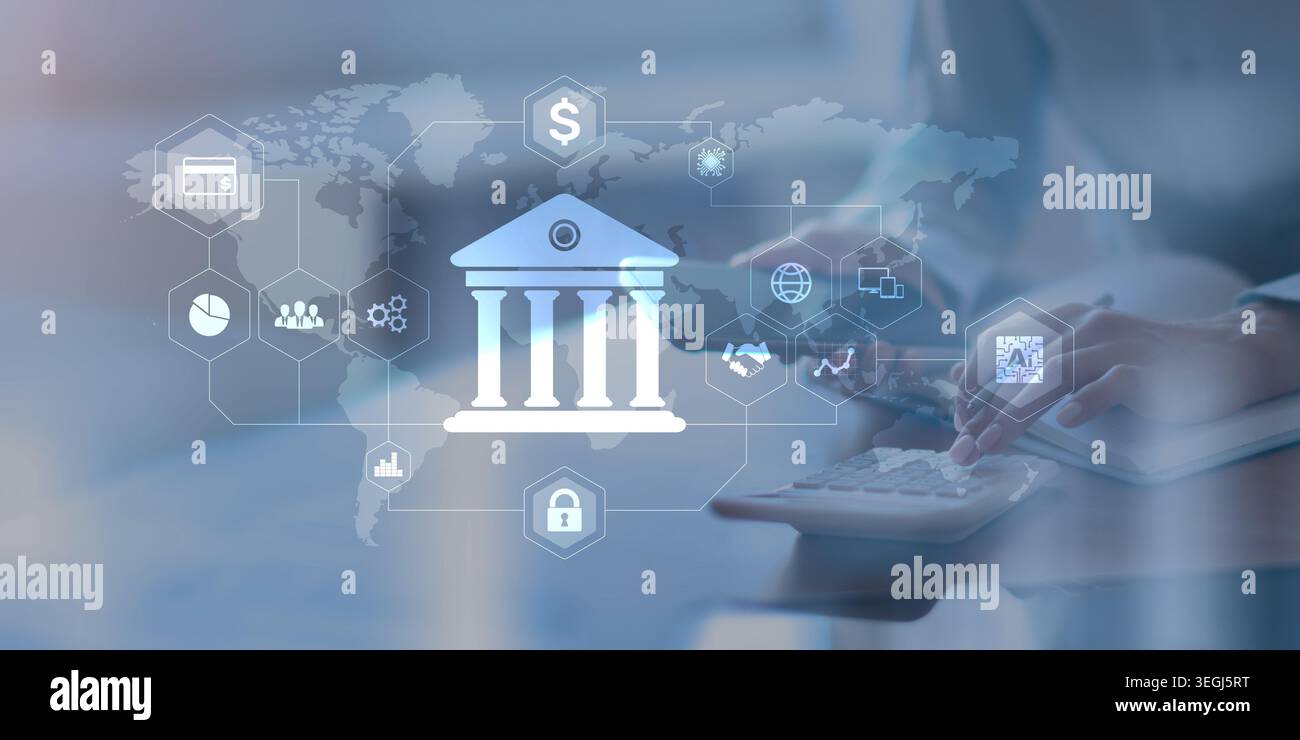 Digital Banking and Financial Services Platform with Global Network Visualization. Stock Photo