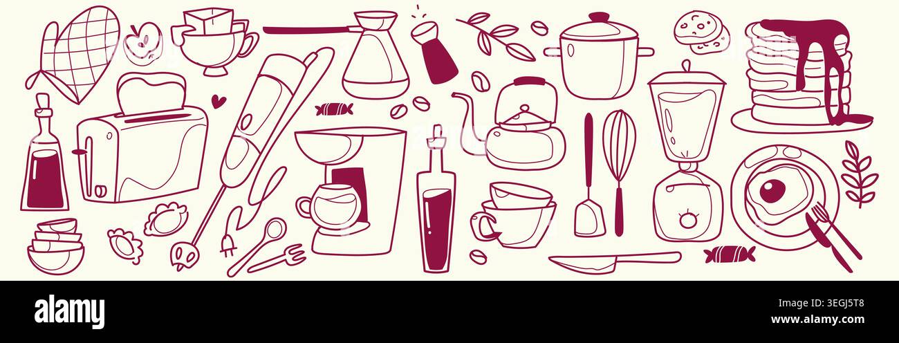 Morning breakfast doodle icons isolated on white background. Vector illustration of coffee, fresh pancakes with syrup, toaster and brunch cutlery, cafe menu design elements, creative sketch style Stock Vector