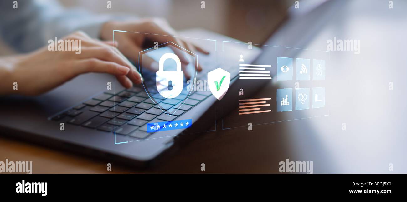 Cybersecurity Shield with Biometric Authentication and Data Protection Systems. Stock Photo