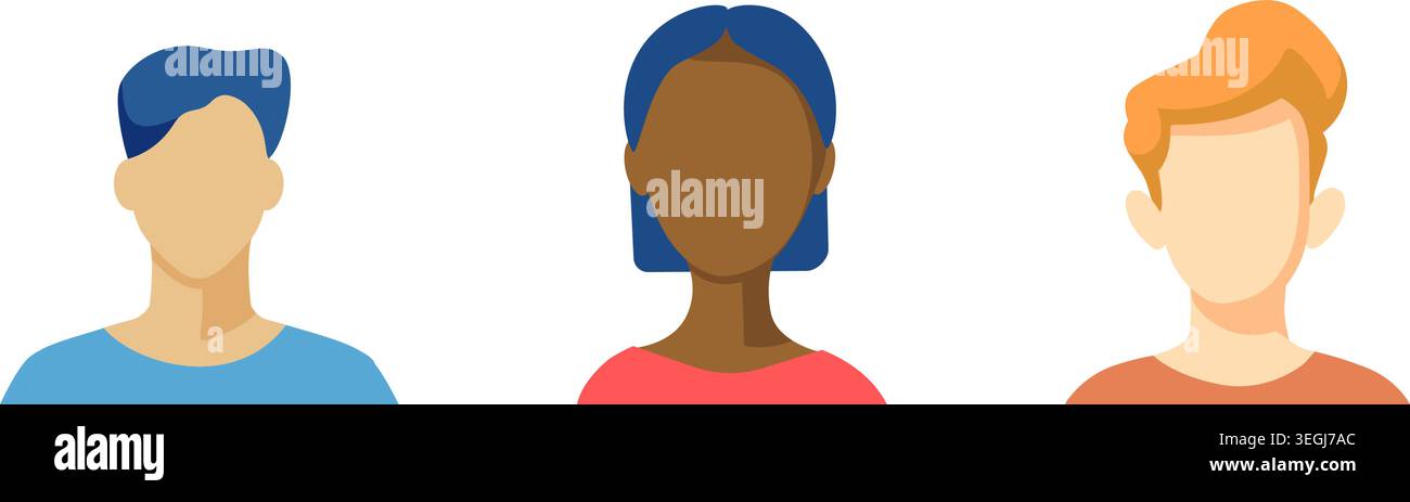 Three flat user avatar icons, diverse skin tones, pastel colors Stock Vector