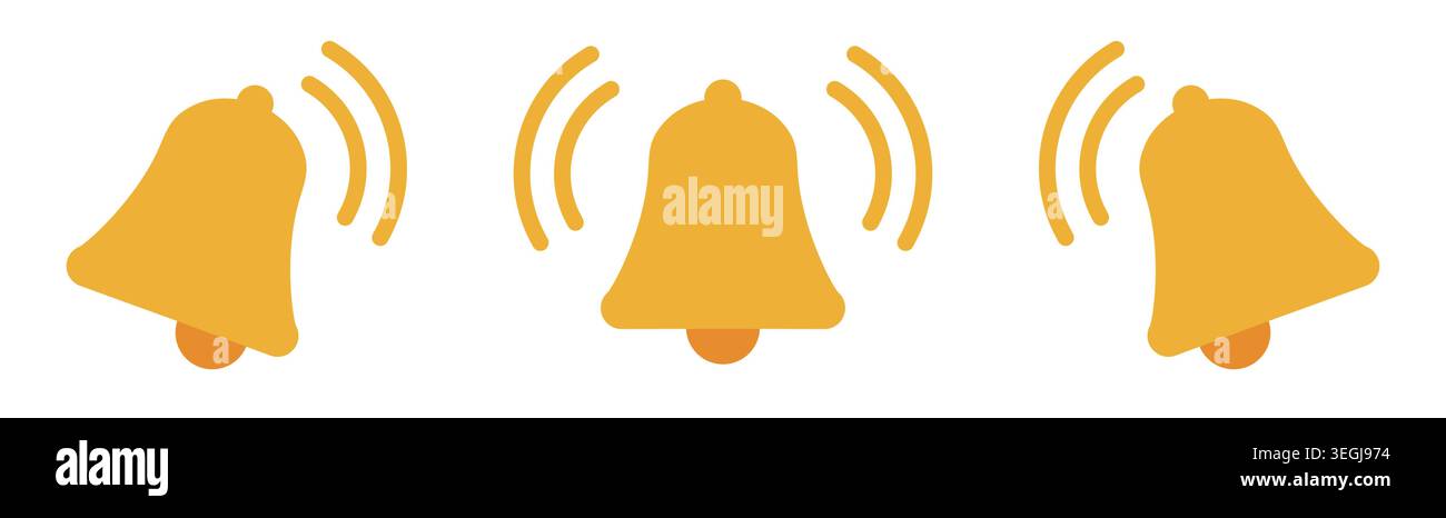 Three yellow notification bell icons flat design on white Stock Vector