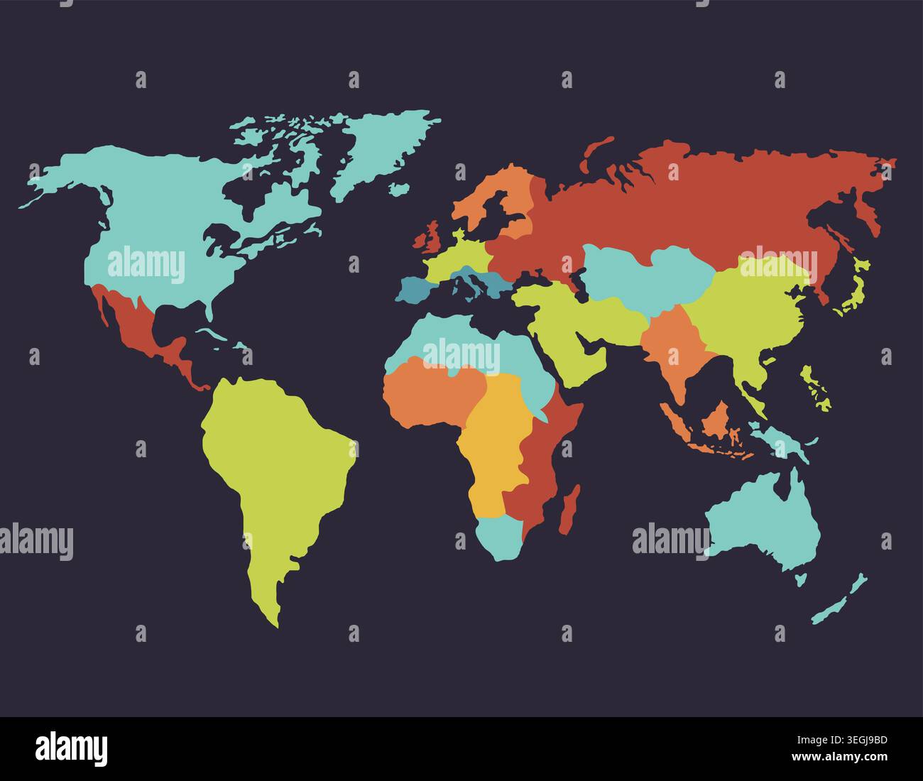 World map flat design multicolor continents on dark navy Stock Vector