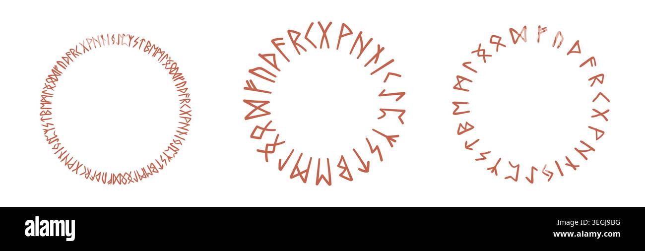 Runic circular borders hand drawn red glyphs on white background Stock Vector