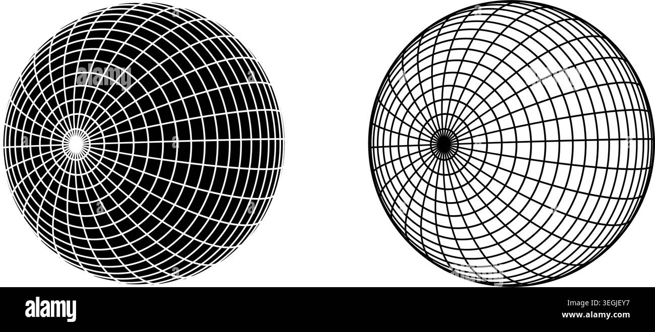 Globe figures with wireframe structure in perspective. Meshed balls isolated on white background. Earth spheres with black and white longitude and Stock Vector