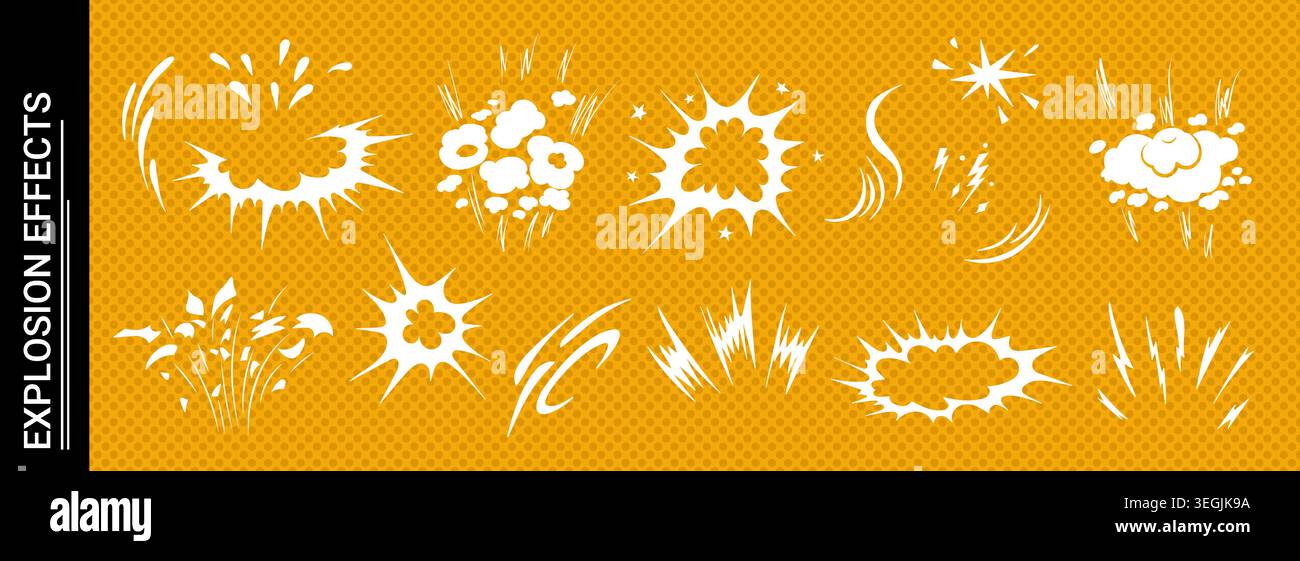 Explosive doodle comic action scene featuring dynamic burst effect vector illustration set. Stock Vector