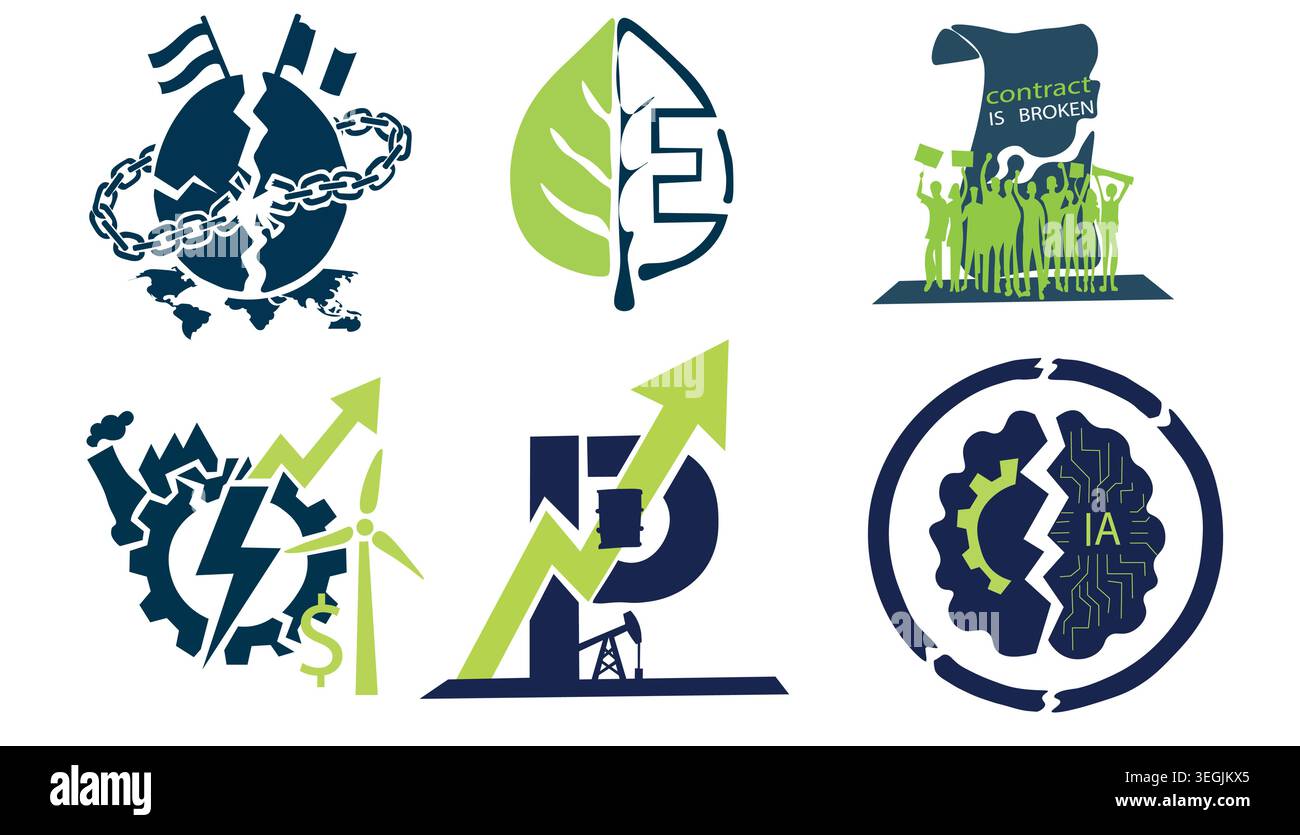 Economic crisis icon set, financial pressure, inflation, energy crisis, labour protest and global trade disruption concepts. Stock Vector