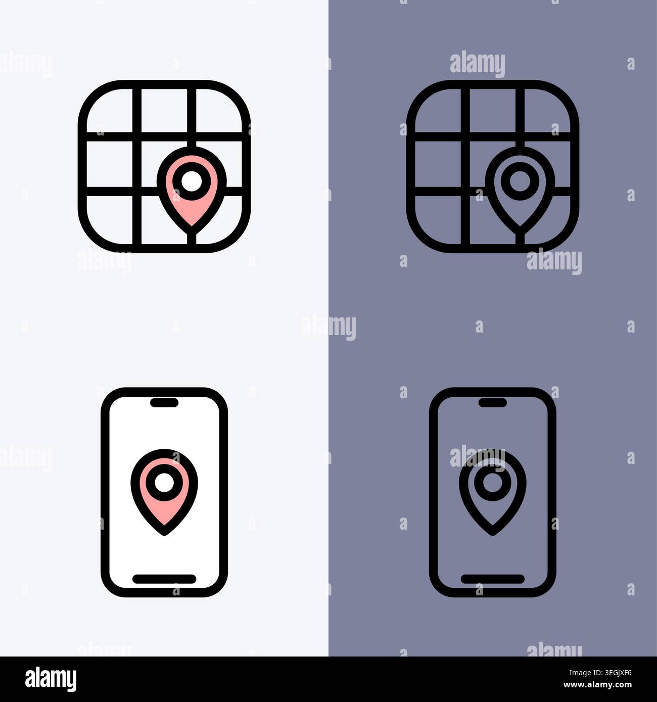 These modern icons represent GPS navigation, location tracking, and map ...