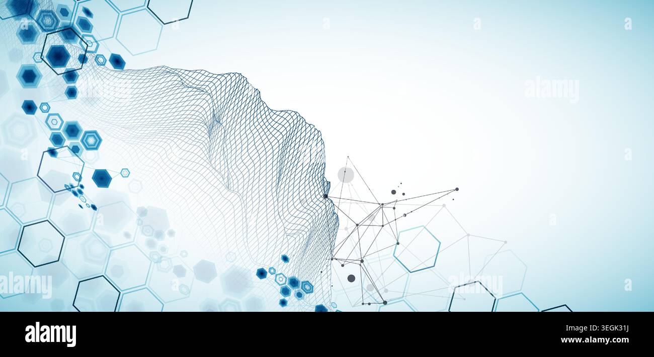 Abstract science background with hexagons and wireframe mountains. Vector art  illustration. Stock Vector