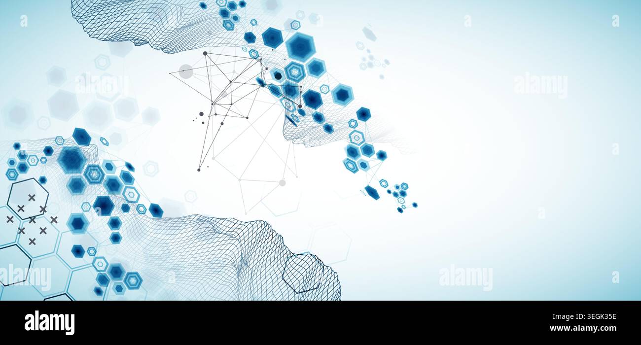 Abstract science background with hexagons and wireframe mountains. Vector art  illustration. Stock Vector