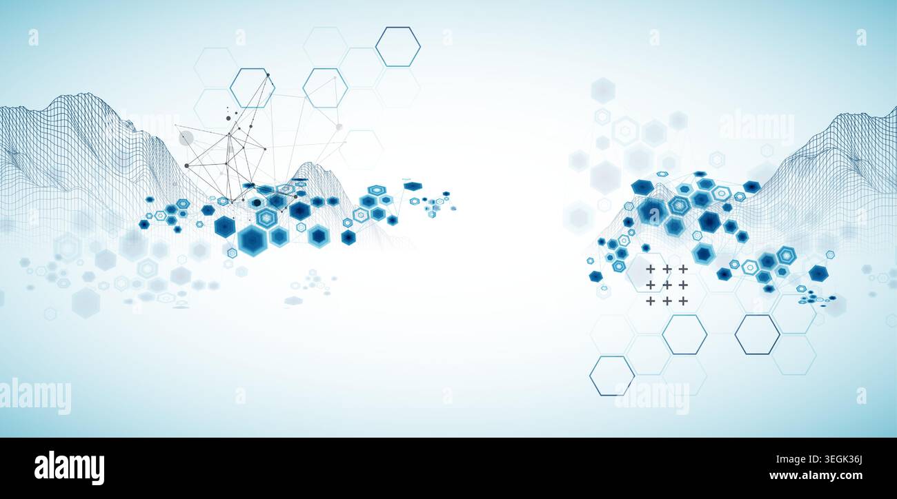 Abstract science background with hexagons and wireframe mountains. Vector art  illustration. Stock Vector