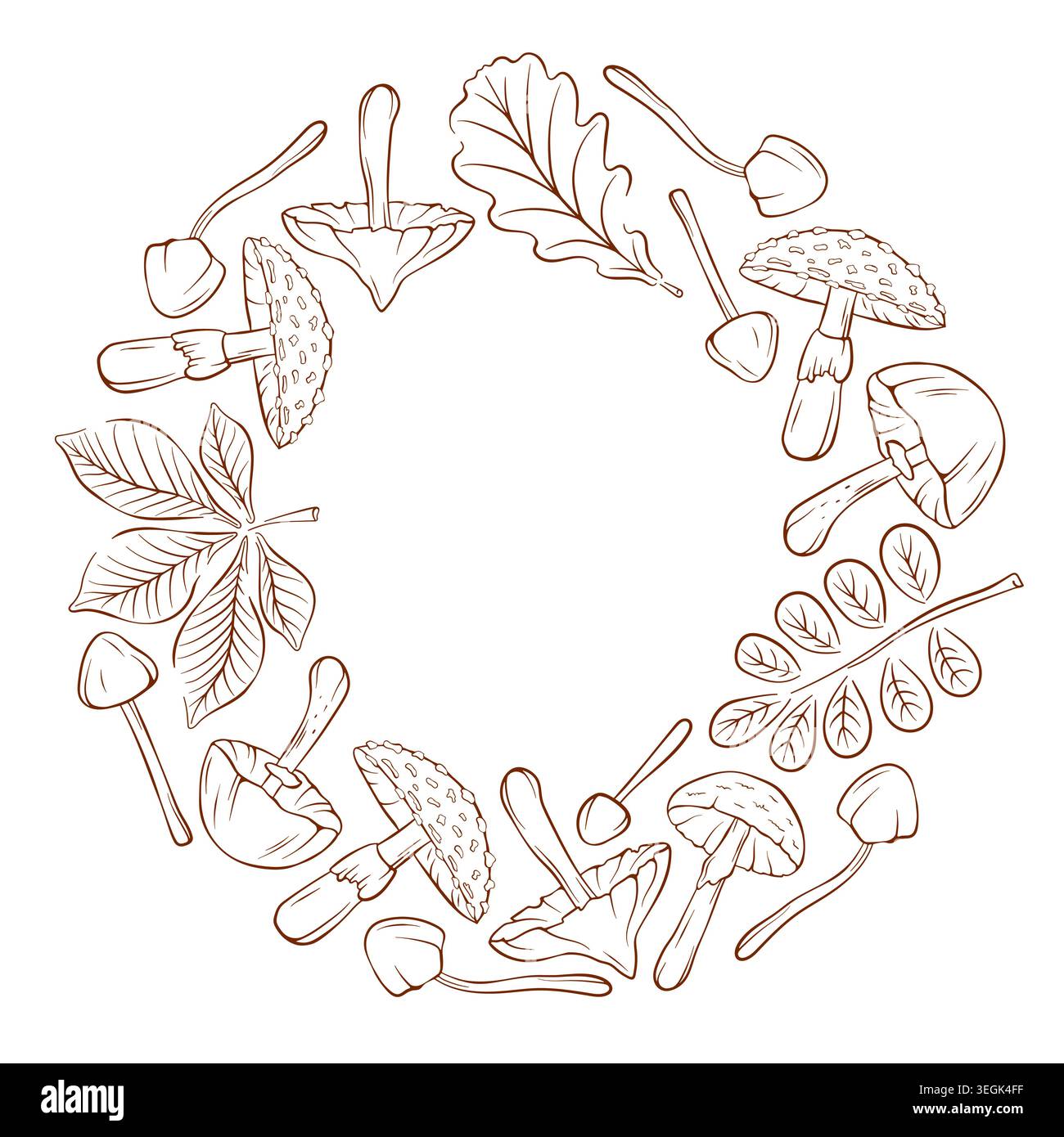Circular line art style wreath with autumn forest mushroom and leaf. Fall nature decorative frame illustration. Stock Vector