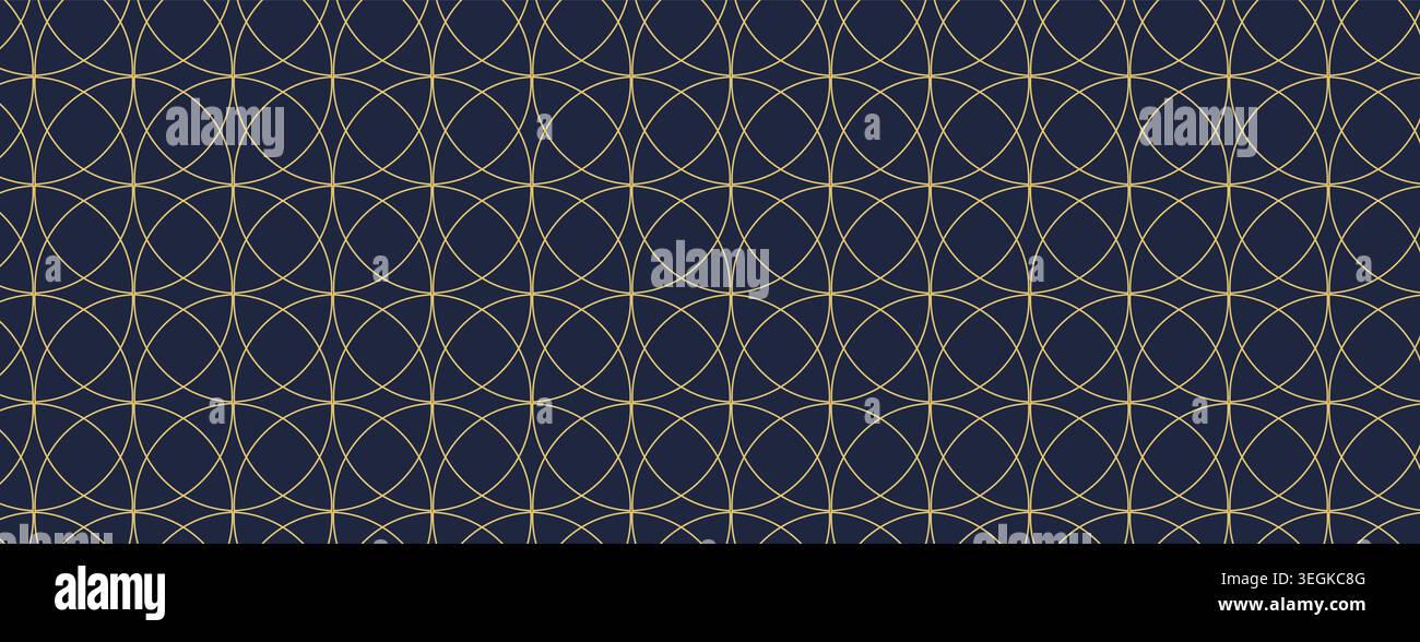 Seamless Geometric Pattern with Intersecting Circles on Dark Blue Background. Vector Stock Vector