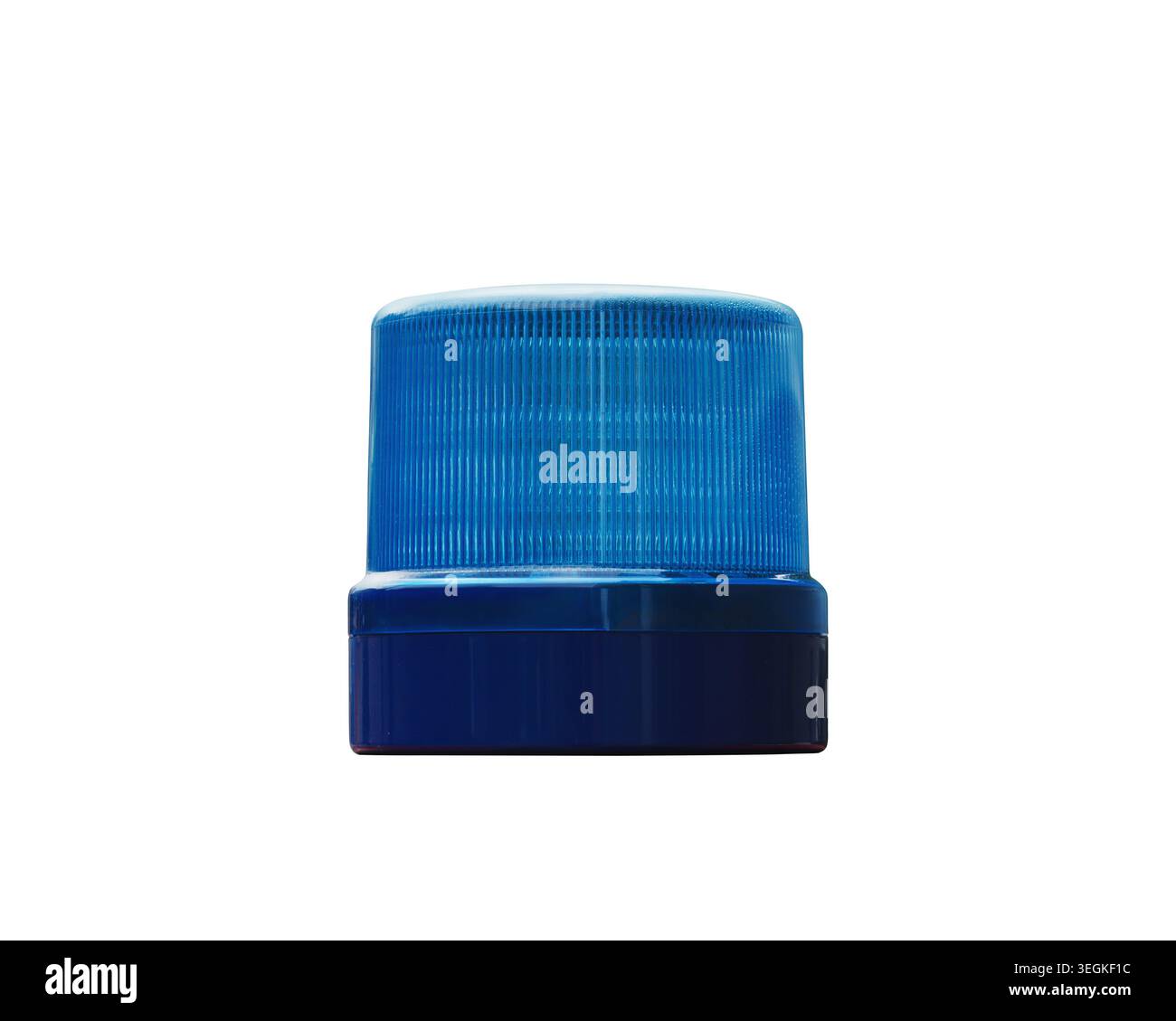 Real flashing blue light on emergency vehicle during, isolated on free white background. Stock Photo