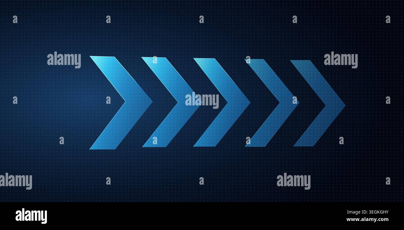 Abstract blue arrow pointers moving forward on dark digital dot pattern bg. Stock Vector