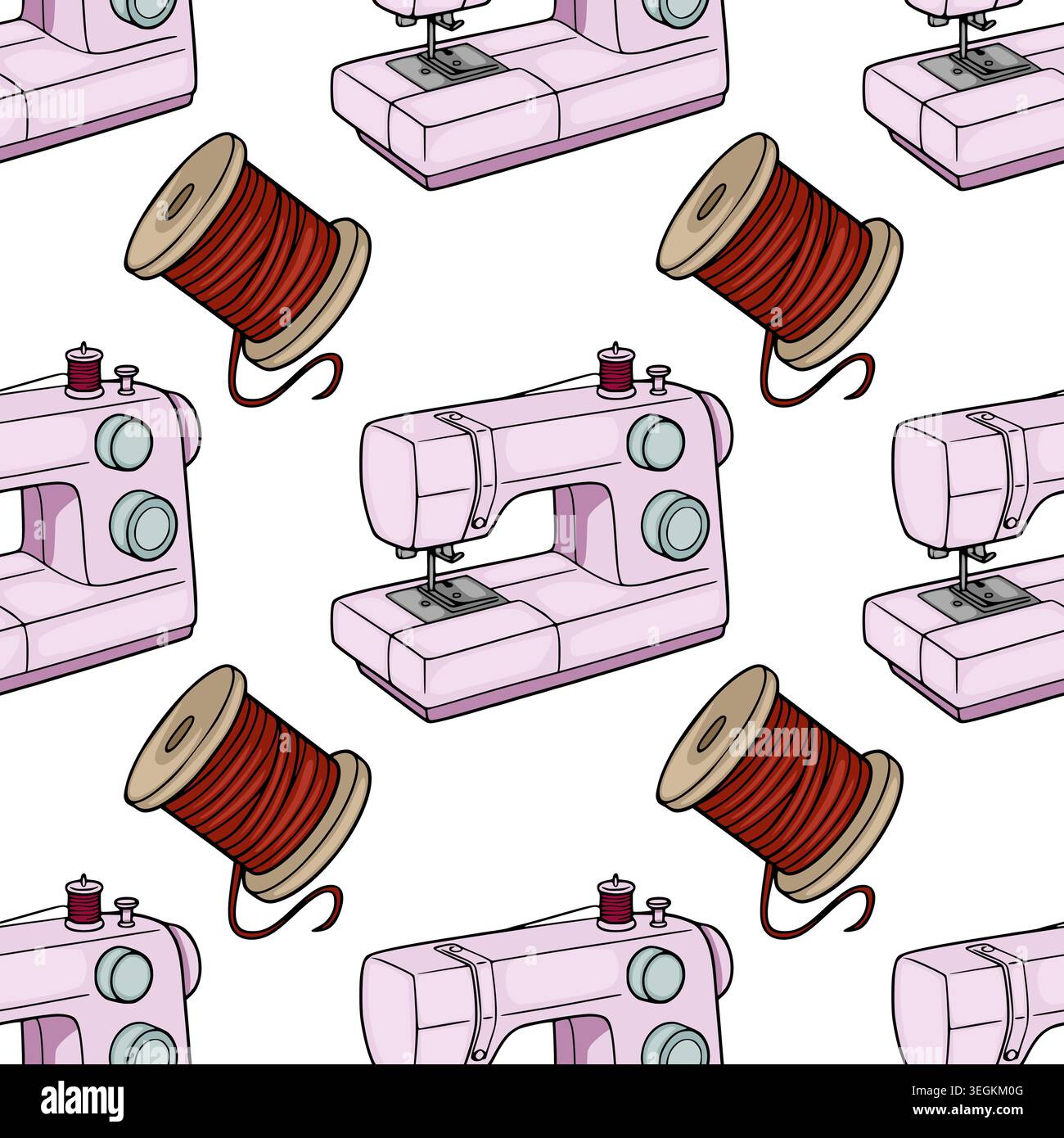 Seamless pink sewing machine and red thread spool vector pattern illustration Stock Vector