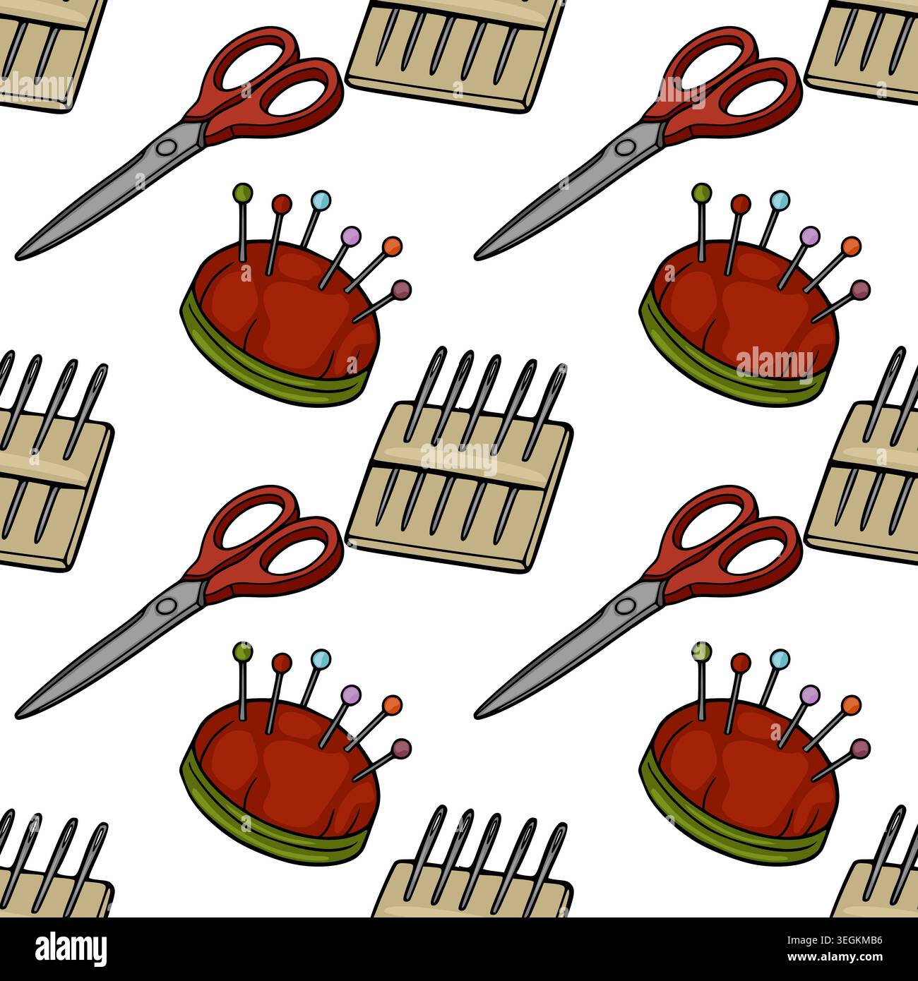 Seamless sewing pattern vector with scissors, pincushions, and needles Stock Vector