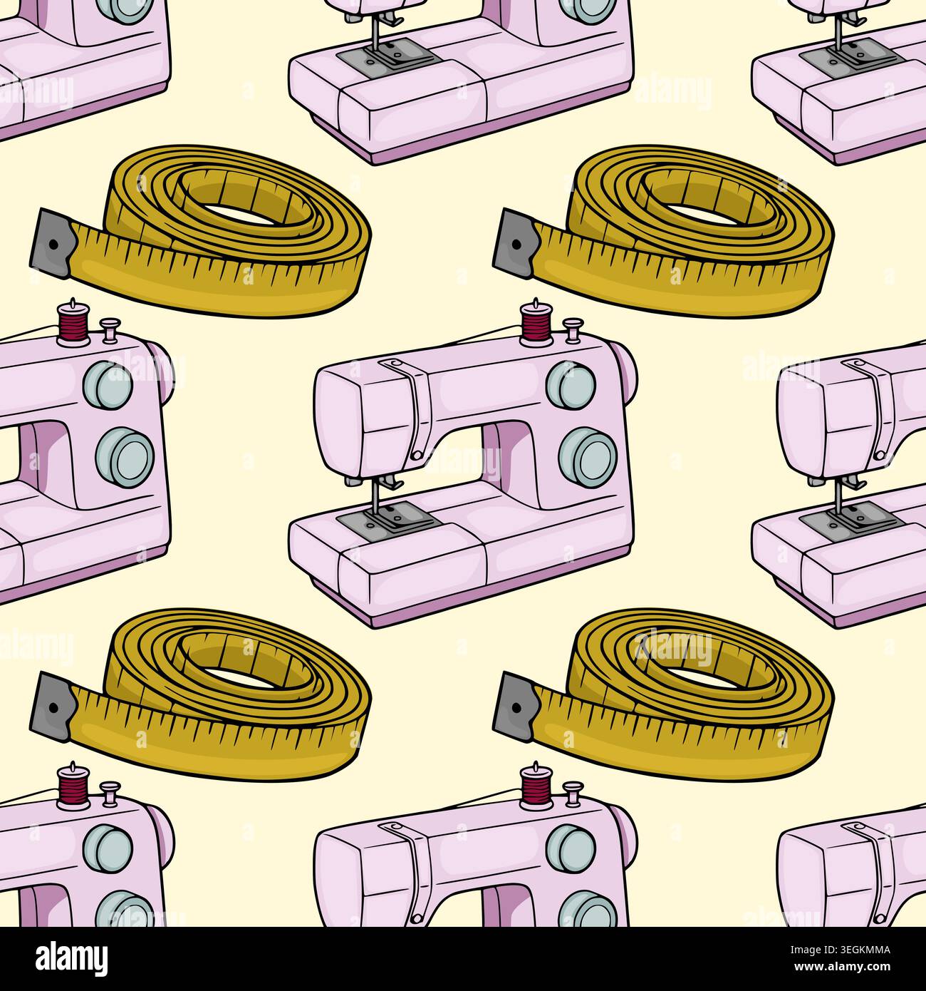 Cute pink sewing machine and measuring tape seamless pattern vector illustration Stock Vector