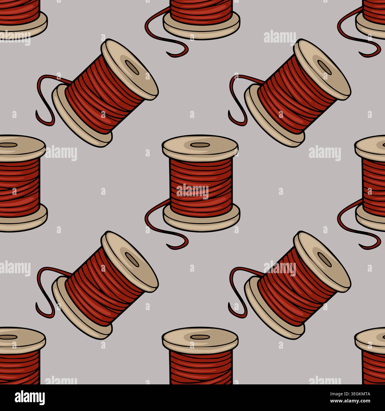 Seamless vector pattern of vintage red thread spools on a grey background Stock Vector